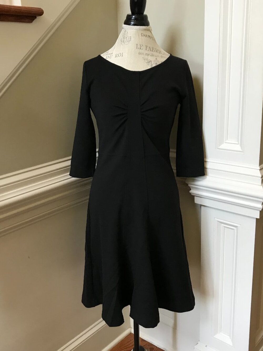 Armani Collezioni A-Line Mini Dress Womens 10 Black Ruched Wool 3/4 Sleeve